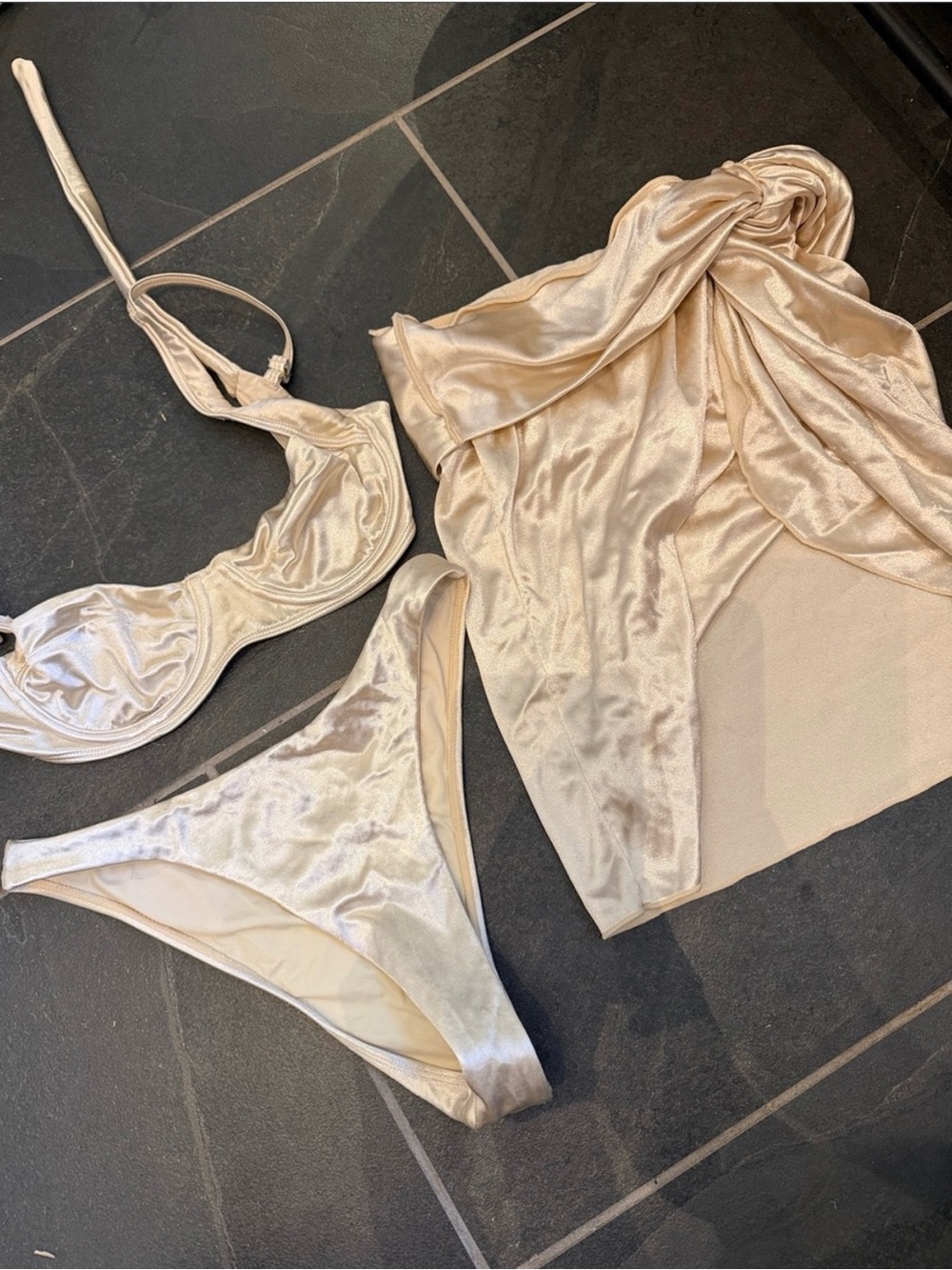 Monday Swim Champagne Satin Bikini Set with Matching Cover